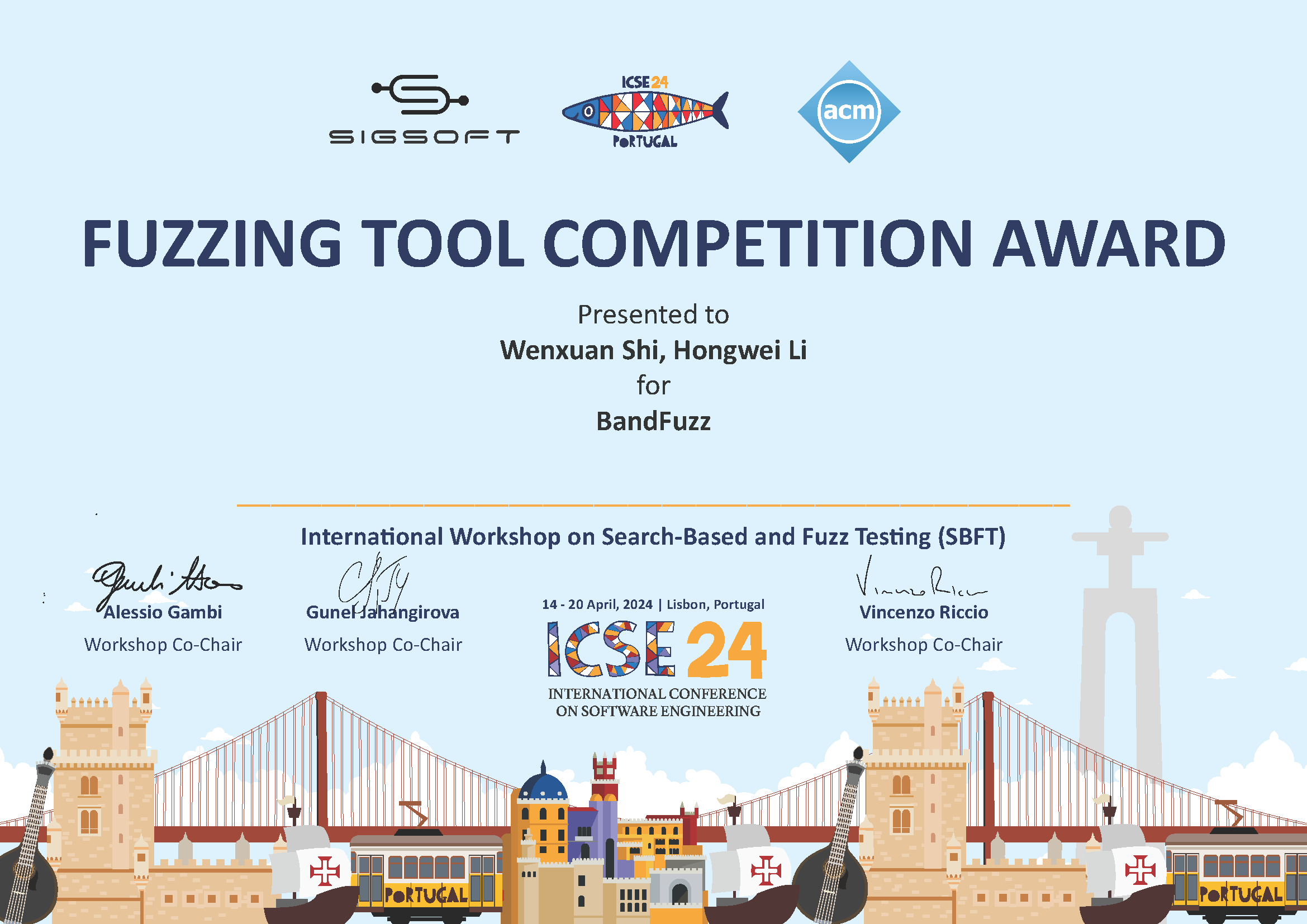 SBFT 2024 First Place Certificate